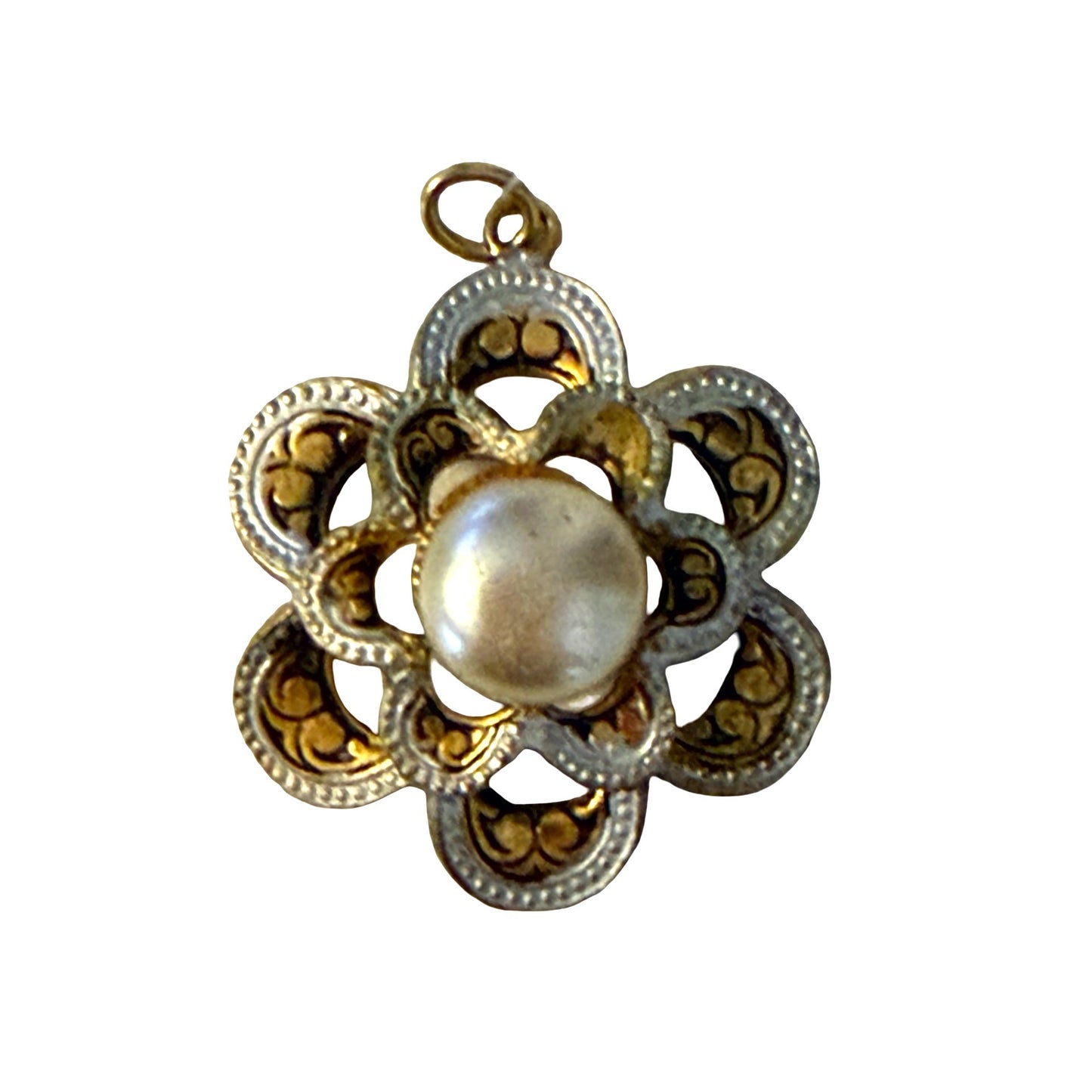 Vintage Faux Pearl Flower Pendant Gold Tone Filigree Floral Charm 1 Inch