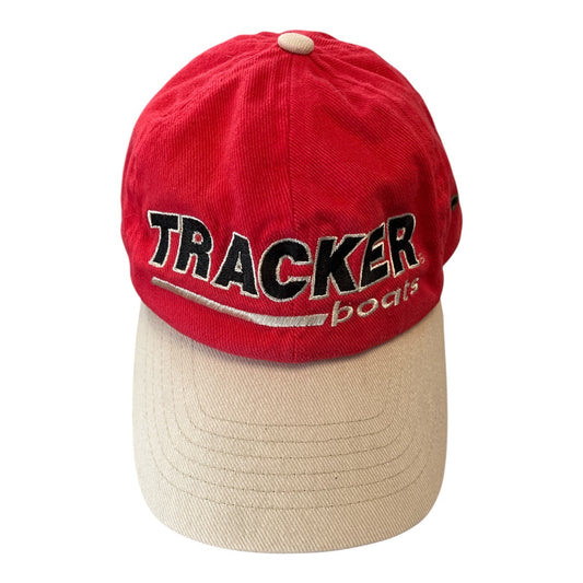 Tracker Boats Embroidered Cap – Red & Beige Cotton Hat – Adjustable Strap – 100% Cotton – 2000s Era