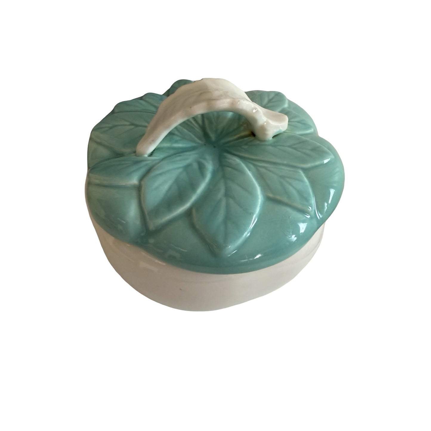 Vintage California Pottery Leaf Covered Trinket Box Aqua White Ceramic USA 734
