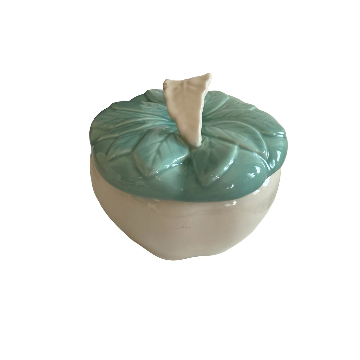 Vintage California Pottery Leaf Covered Trinket Box Aqua White Ceramic USA 734