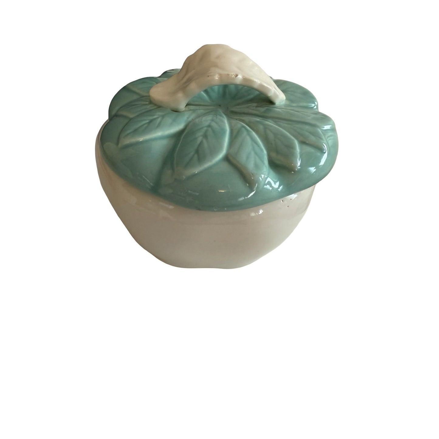 Vintage California Pottery Leaf Covered Trinket Box Aqua White Ceramic USA 734