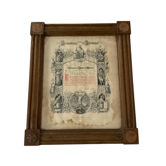 Antique 1882 Evangelical Lutheran Confirmation Certificate Framed Religious Print Wood Frame