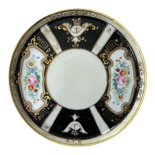 Antique Hand-Painted Nippon Porcelain Saucer, 7" – Moriage Gold Trim, Black & Floral Panels, M Mark