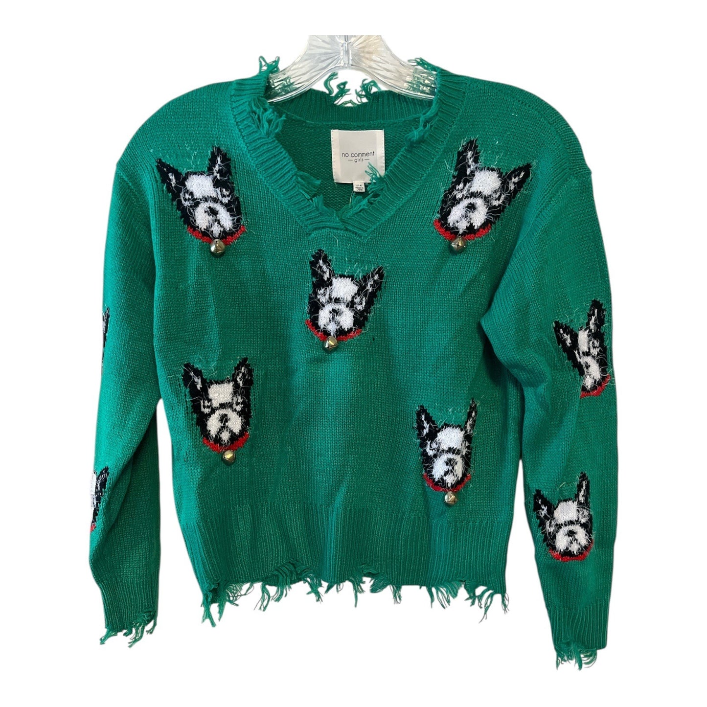 Girls Green Distressed Sweater – Dog Face Pattern w Jingle Bells – Size L
