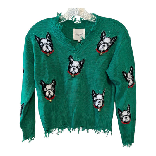 Girls Green Distressed Sweater – Dog Face Pattern w Jingle Bells – Size L