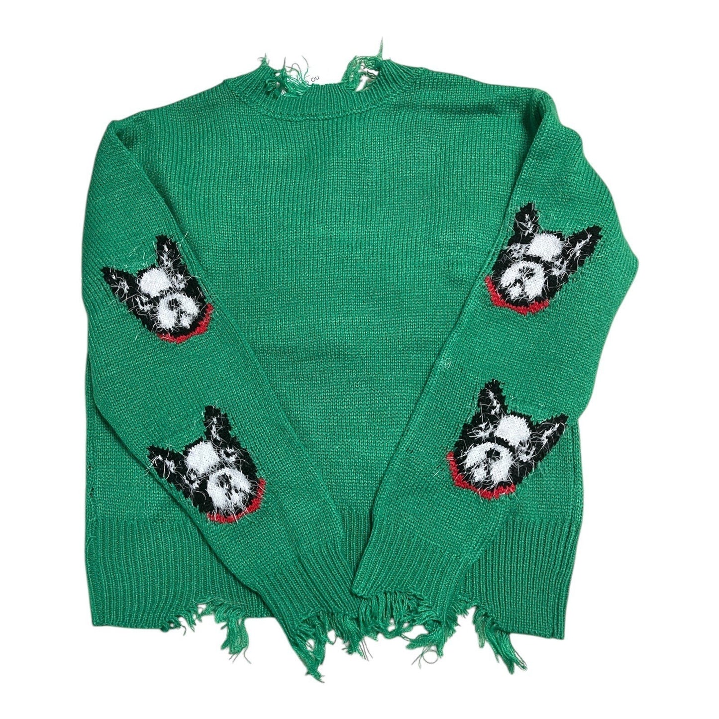 Girls Green Distressed Sweater – Dog Face Pattern w Jingle Bells – Size L