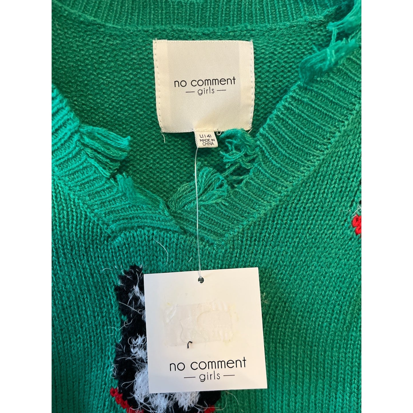 Girls Green Distressed Sweater – Dog Face Pattern w Jingle Bells – Size L