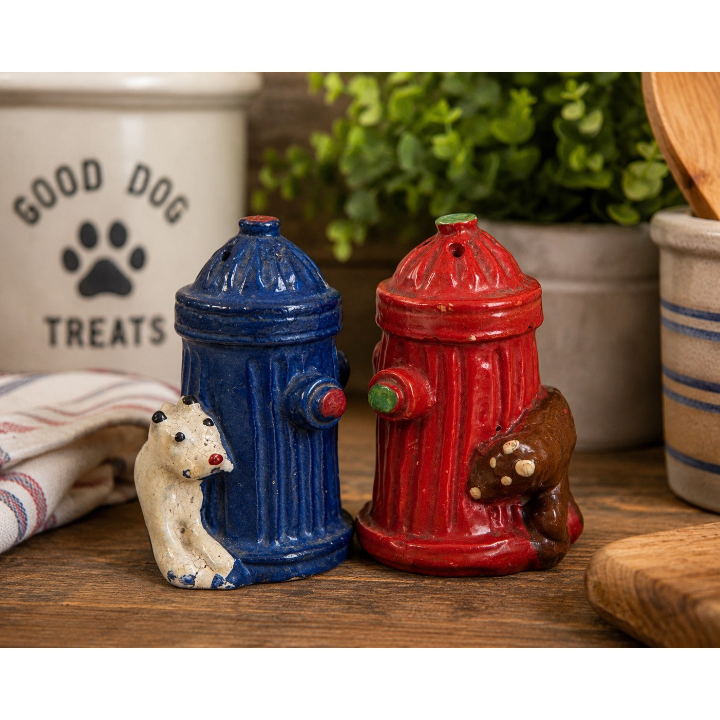 Vintage Fire Hydrant Salt and Pepper Shakers Dog Bear Figurines Japan Ceramic Set