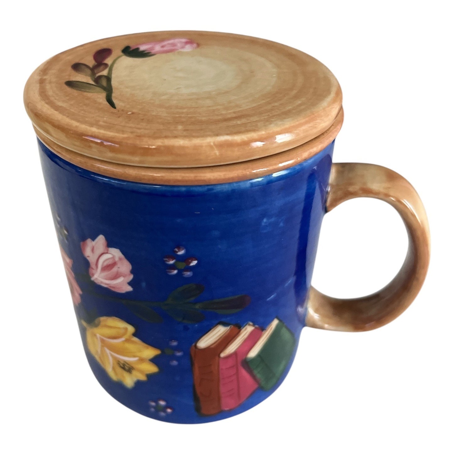 Barnes & Noble Mug – Royal Blue Floral Roses Books – Tea Mug with Infuser & Lid