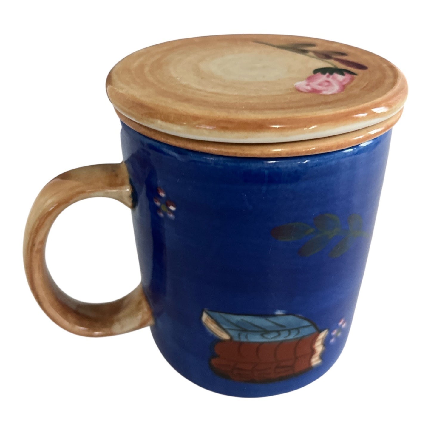 Barnes & Noble Mug – Royal Blue Floral Roses Books – Tea Mug with Infuser & Lid