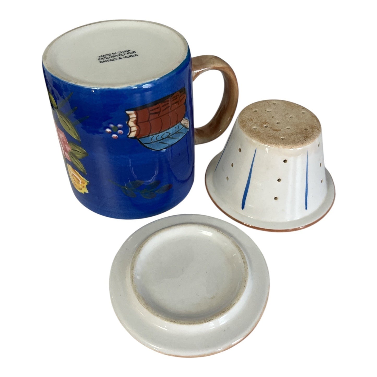 Barnes & Noble Mug – Royal Blue Floral Roses Books – Tea Mug with Infuser & Lid