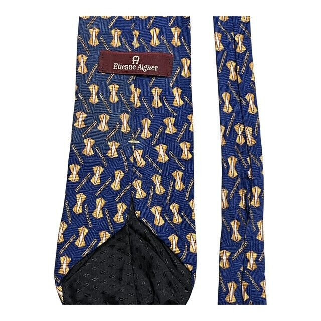 Etienne Aigner Vintage Blue Silk Necktie Geometric Gold Pattern Made in USA