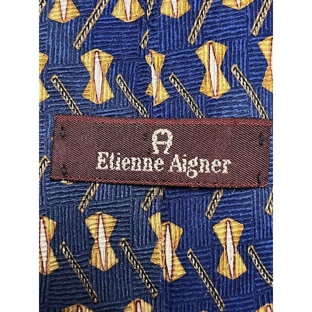 Etienne Aigner Vintage Blue Silk Necktie Geometric Gold Pattern Made in USA