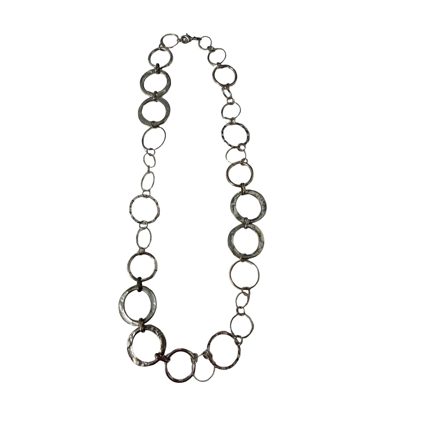 Vintage Hammered Silver Tone Circle Link Necklace Modernist Statement 18"