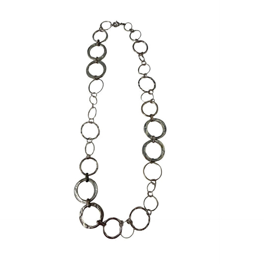 Vintage Hammered Silver Tone Circle Link Necklace Modernist Statement 18"