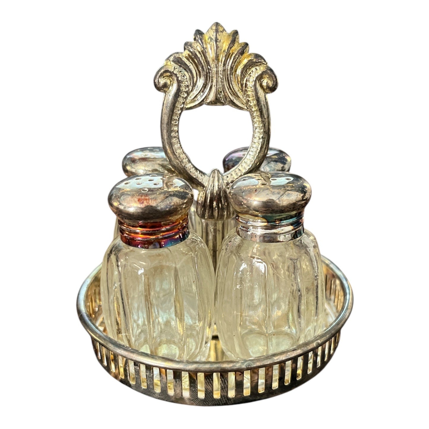 Vintage Star Salt & Pepper Shaker Set With Silver-Plated Lids In Holder
