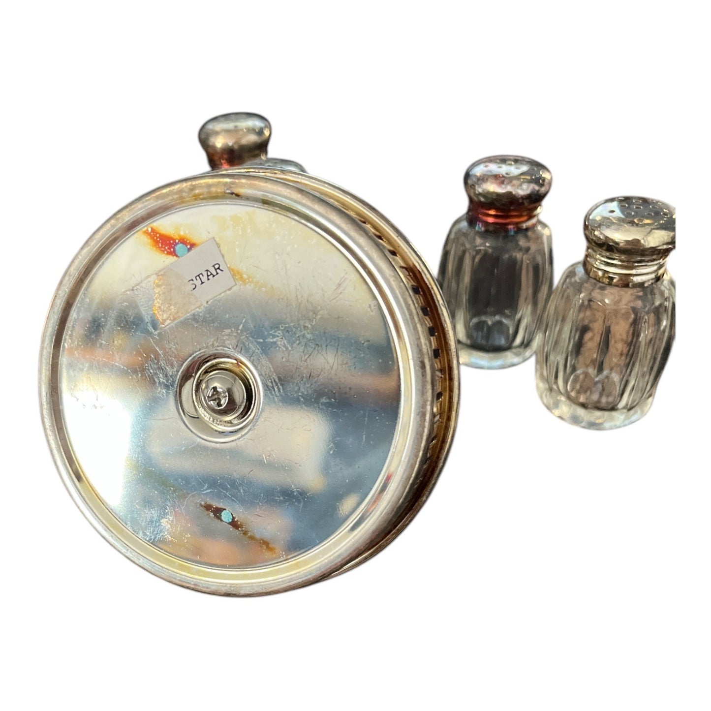Vintage Star Salt & Pepper Shaker Set With Silver-Plated Lids In Holder