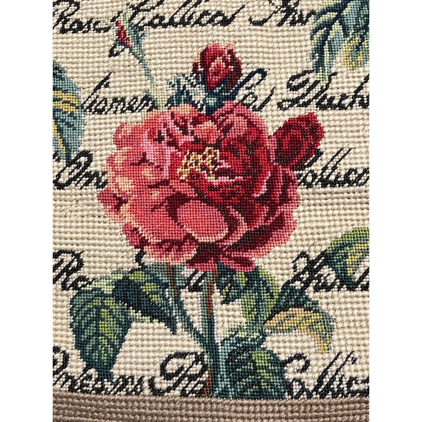 Vintage Needlepoint Rose Floral Tassel Pillow Cover 17” Square