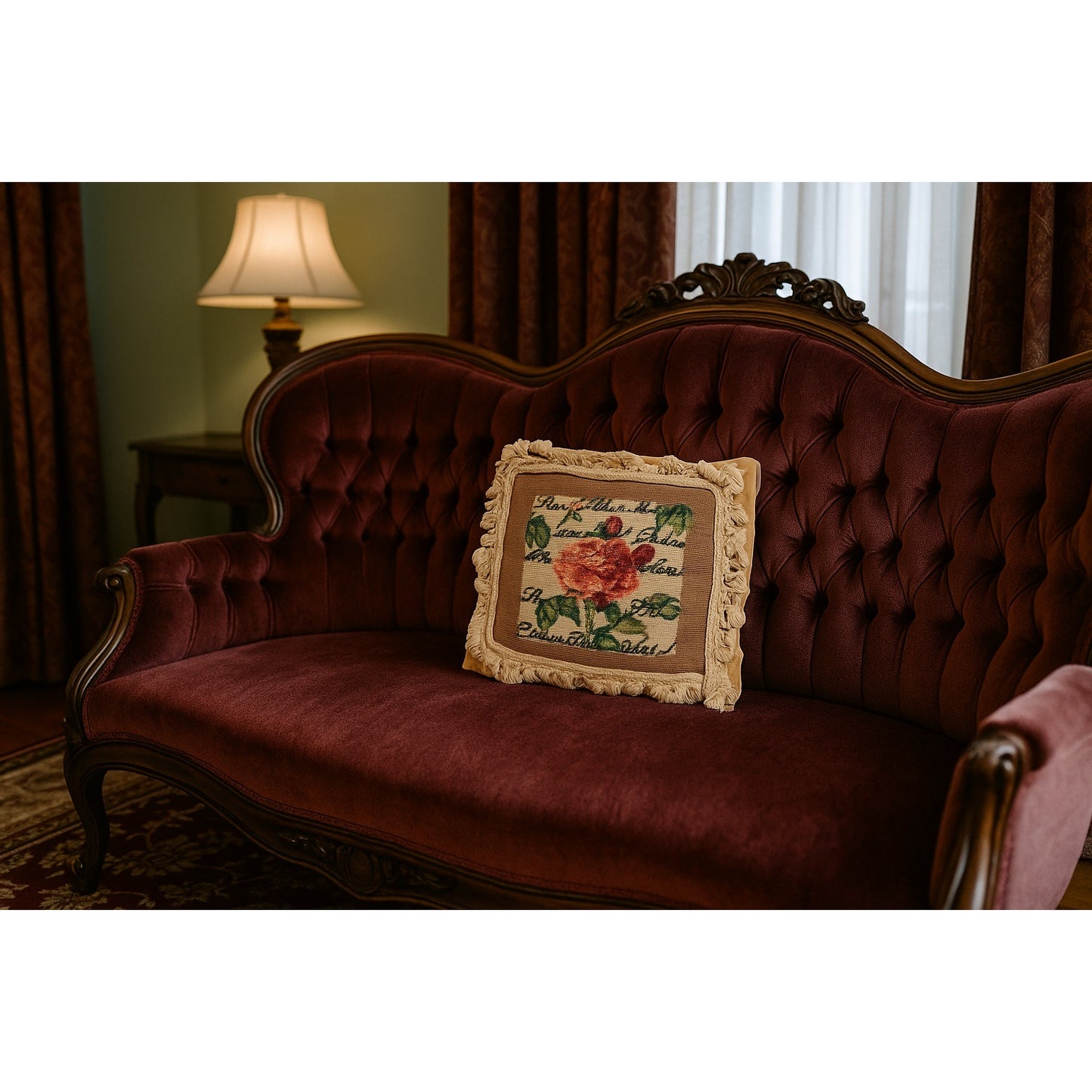 Vintage Needlepoint Rose Floral Tassel Pillow Cover 17” Square