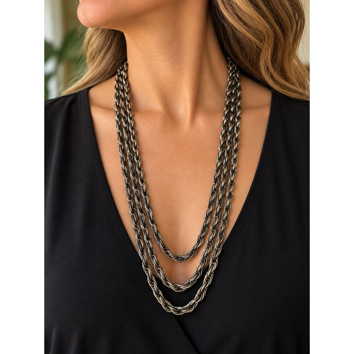 Vintage Y2K Three Strand Mixed Chain Necklace Silver Tone 16"