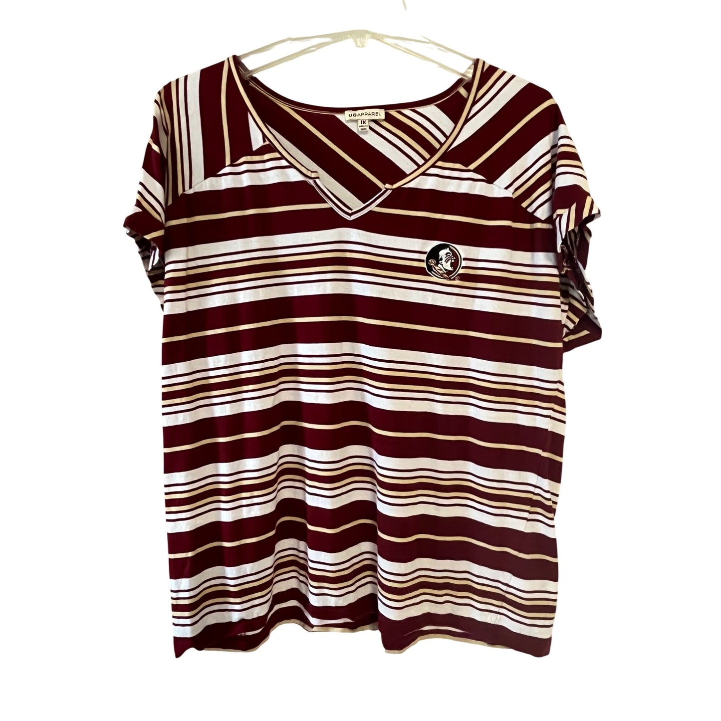 Florida State Seminoles Women’s 1X Striped V-Neck Shirt FSU Logo Cotton Top