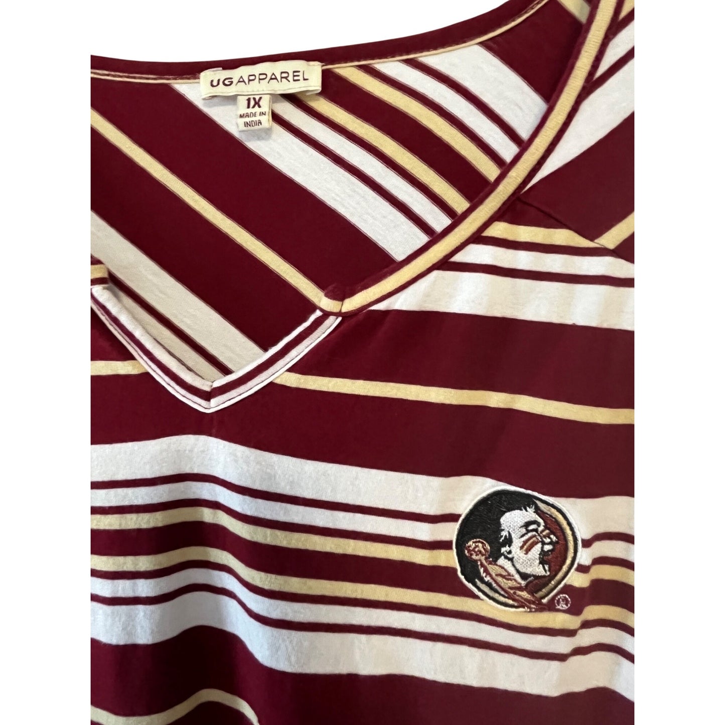 Florida State Seminoles Women’s 1X Striped V-Neck Shirt FSU Logo Cotton Top