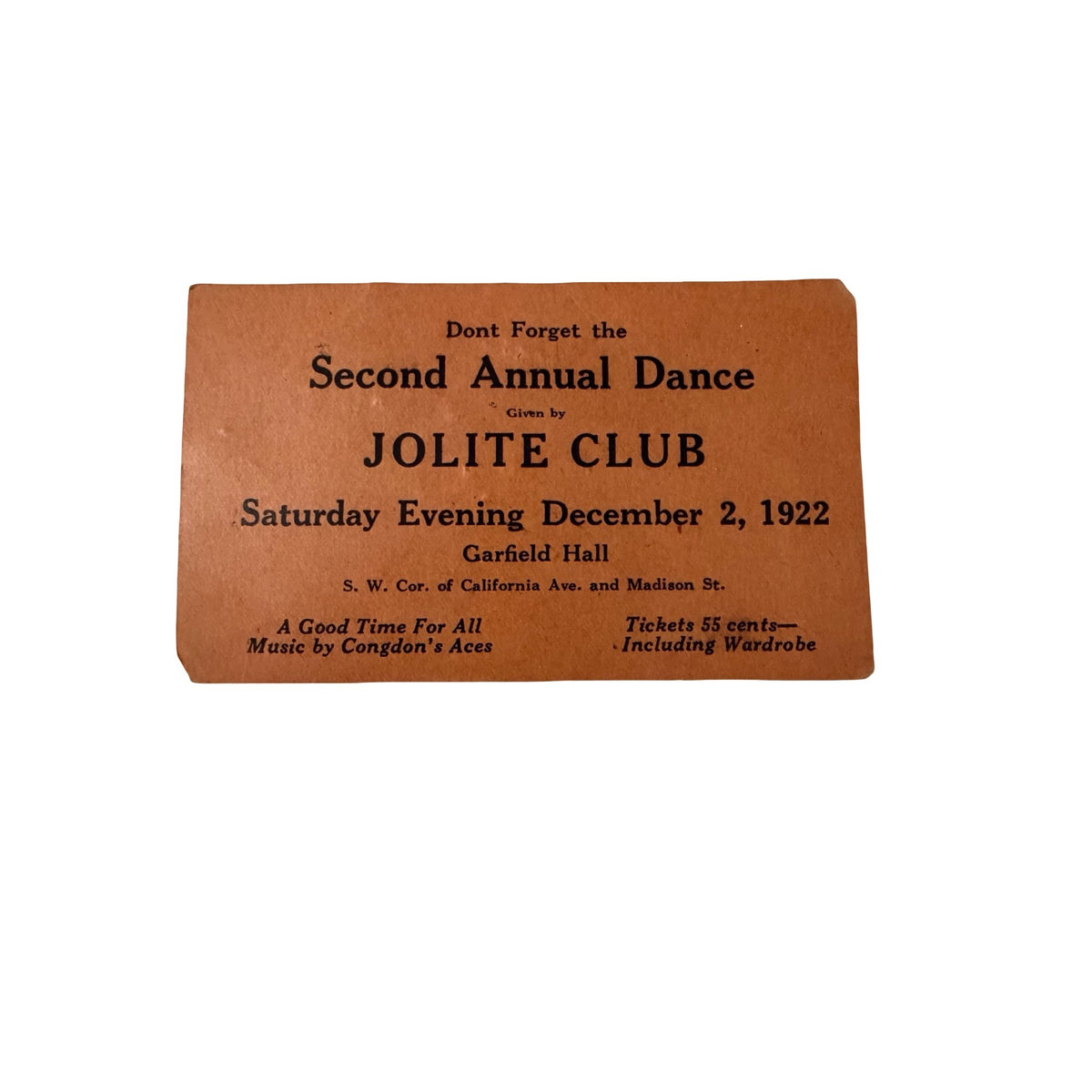 1922 Chicago Jolite Club Dance Card Garfield Hall Congdon's Aces Ephemera
