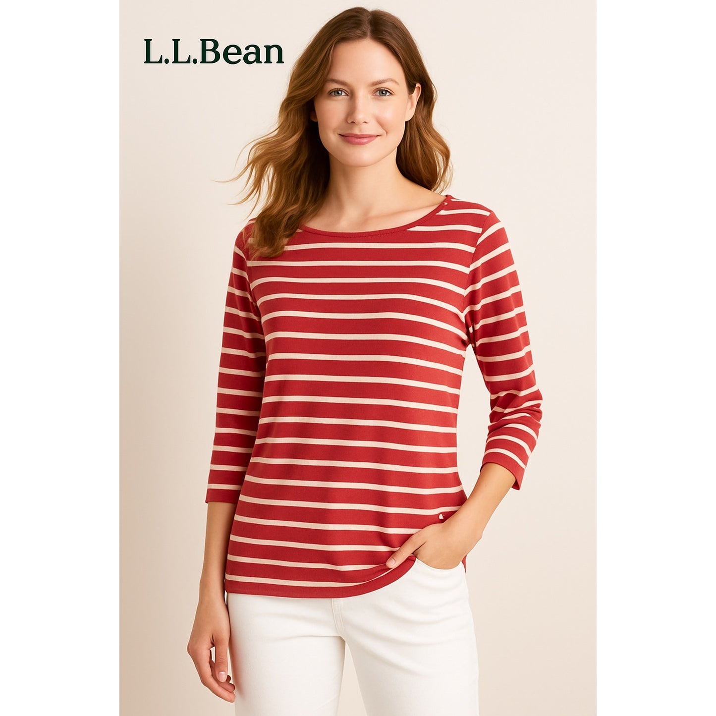 L.L. Bean Women’s Size L Long-Sleeve Boatneck Tee – Deep Coral Stripe