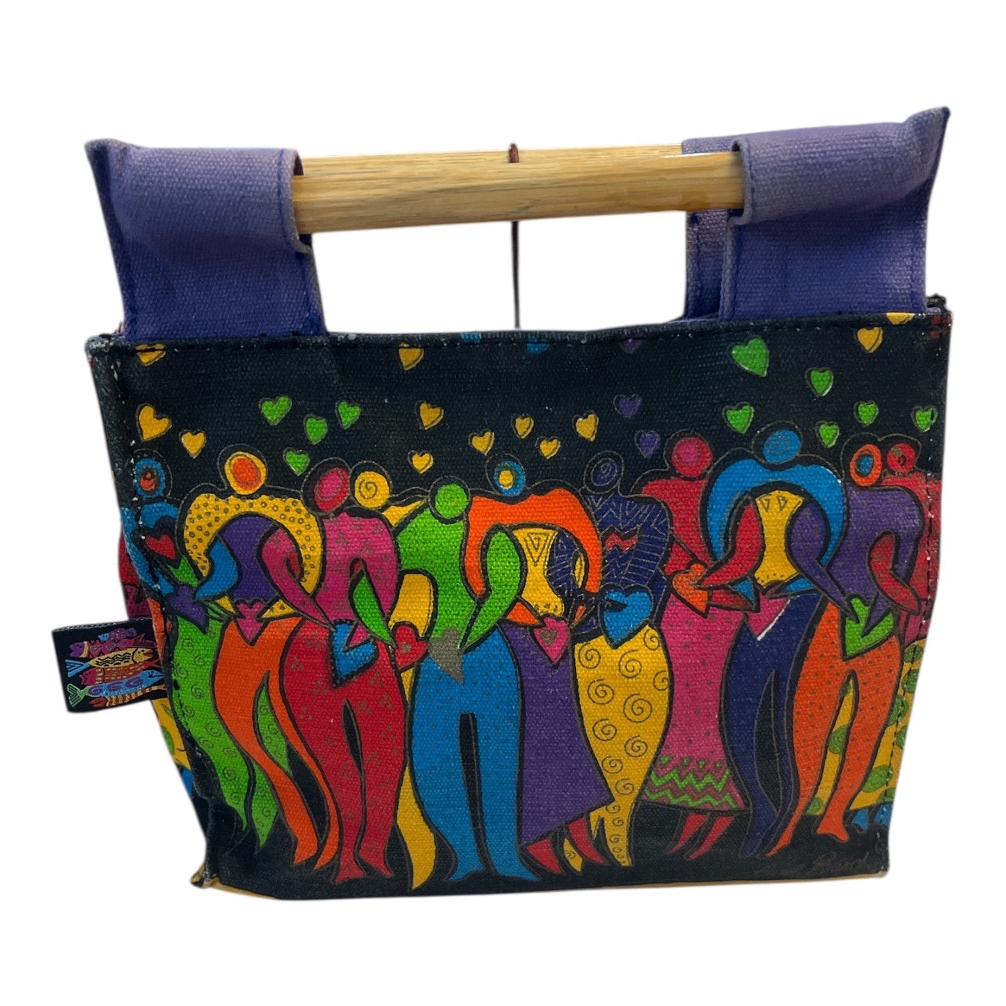 Laurel Burch Hearts & Cats Fabric Organizer Tote Basket Wooden Handles