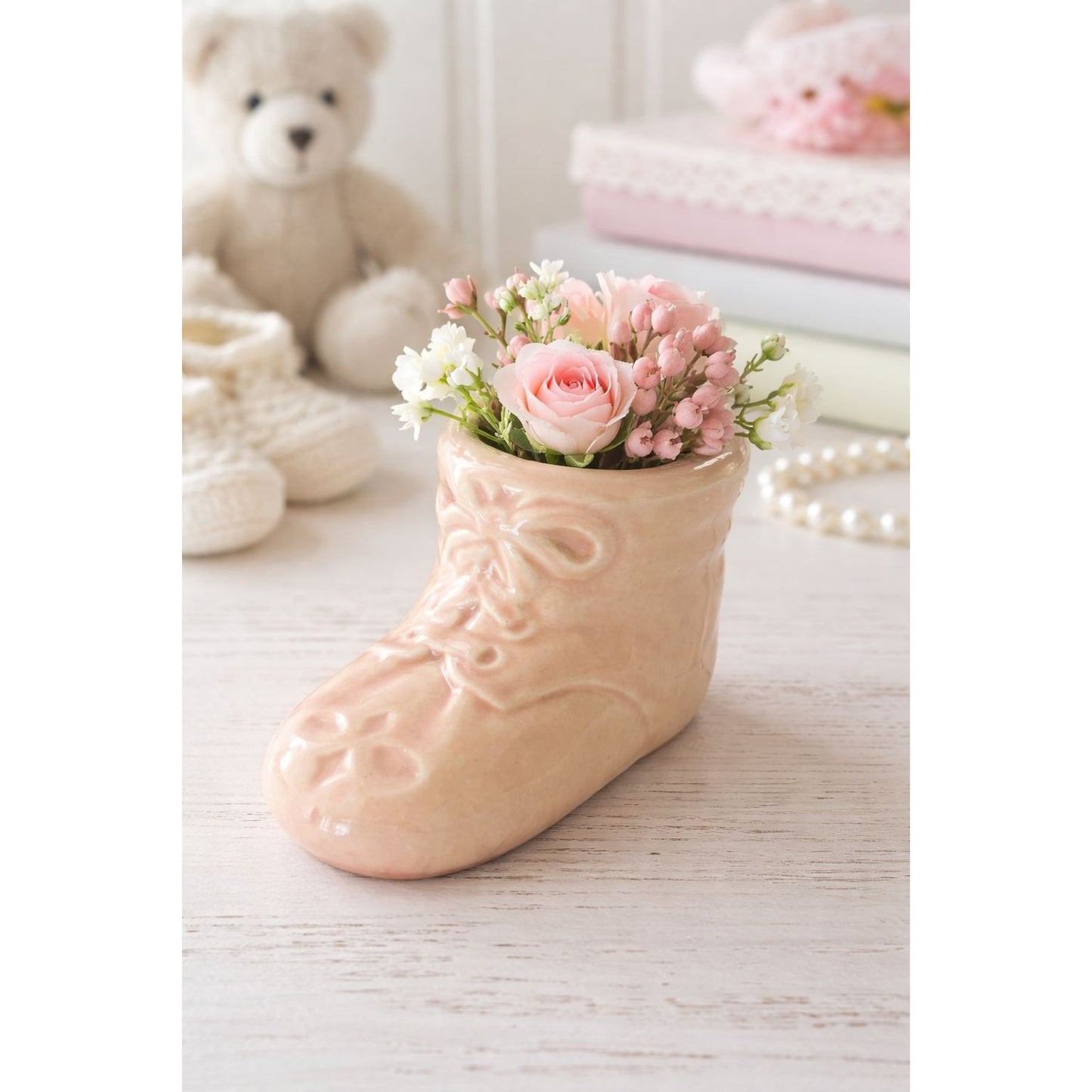 Vintage Ceramic Baby Boot Planter Pink Nursery Vase Mini Shoe Planter