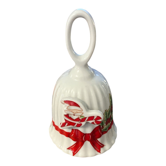 Vintage 1980s Ceramic Christmas Bell – Santa with Candy Cane & Holly – Made in Taiwan – 5" x 3"