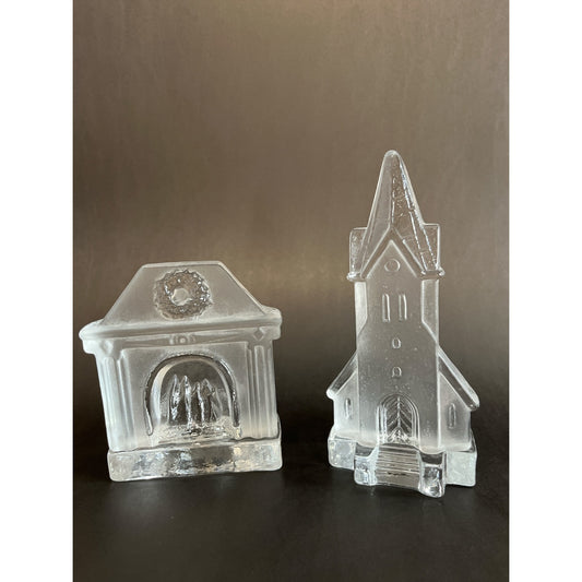 Vtg 1990s–2000s Nybro Sweden Glass Tealight Holders – Fireplace & Church, Scandinavian Crystal