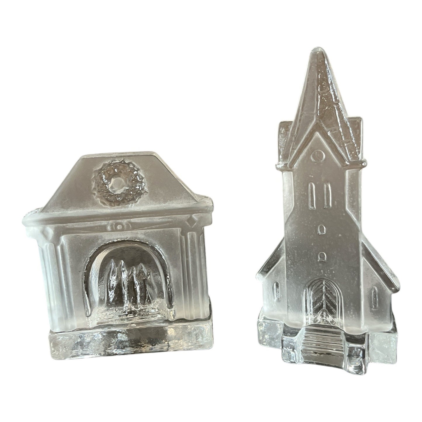 Vtg 1990s–2000s Nybro Sweden Glass Tealight Holders – Fireplace & Church, Scandinavian Crystal
