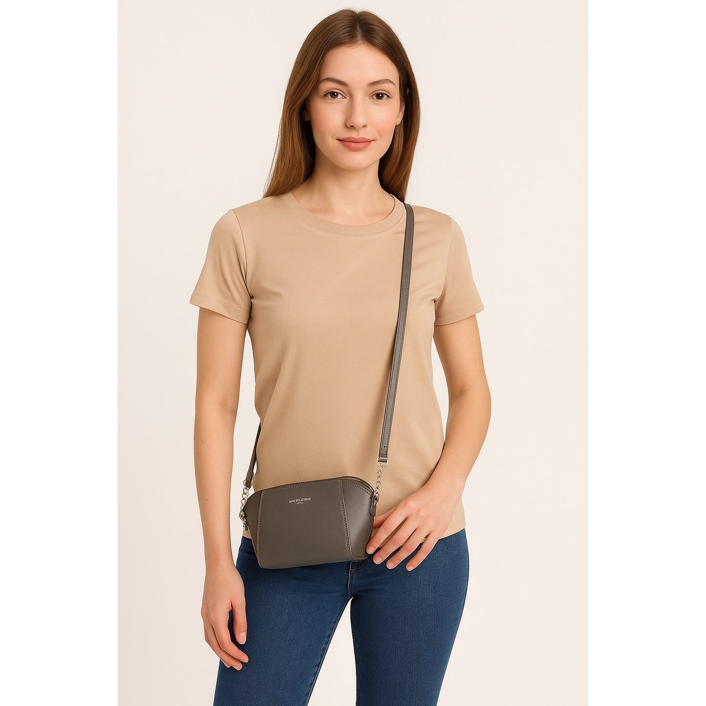 David Jones Paris Gray Crossbody Bag – Faux Leather Chain Strap Purse – 6x9