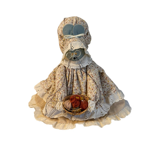 Vintage Handmade Country Grandma Mouse Cloth Doll Shelf Sitter Floral Dress Basket of Yarn