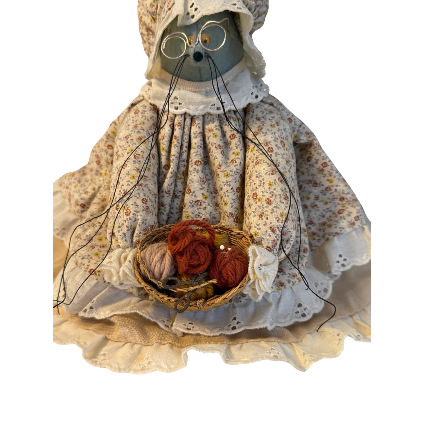 Vintage Handmade Country Grandma Mouse Cloth Doll Shelf Sitter Floral Dress Basket of Yarn