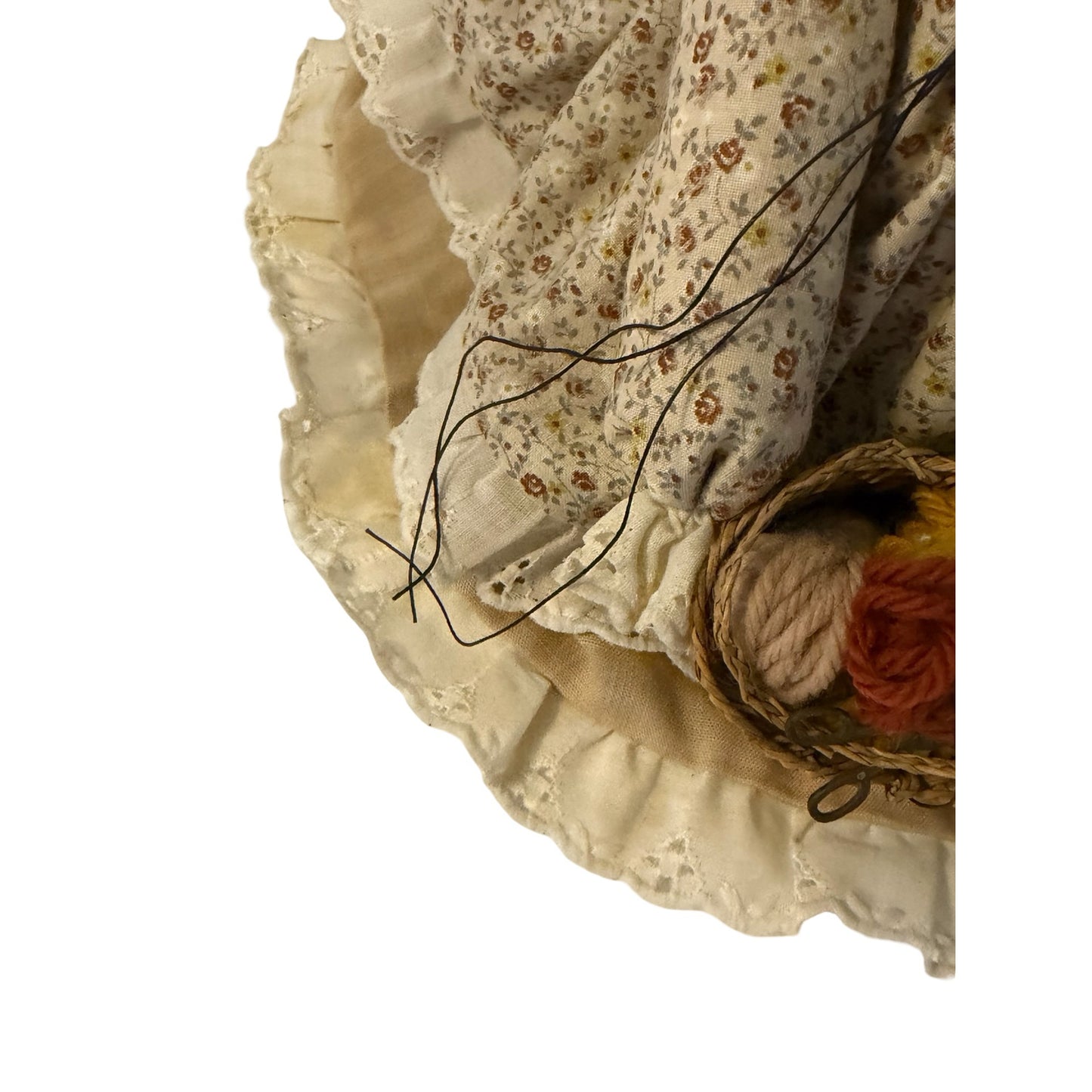 Vintage Handmade Country Grandma Mouse Cloth Doll Shelf Sitter Floral Dress Basket of Yarn