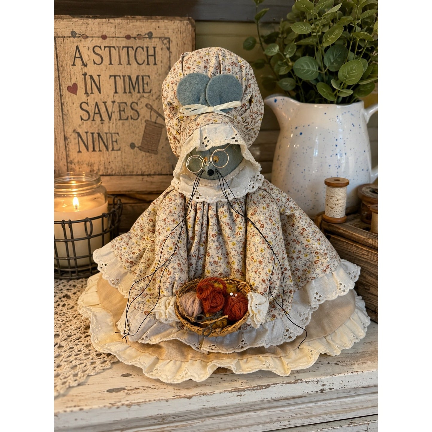 Vintage Handmade Country Grandma Mouse Cloth Doll Shelf Sitter Floral Dress Basket of Yarn