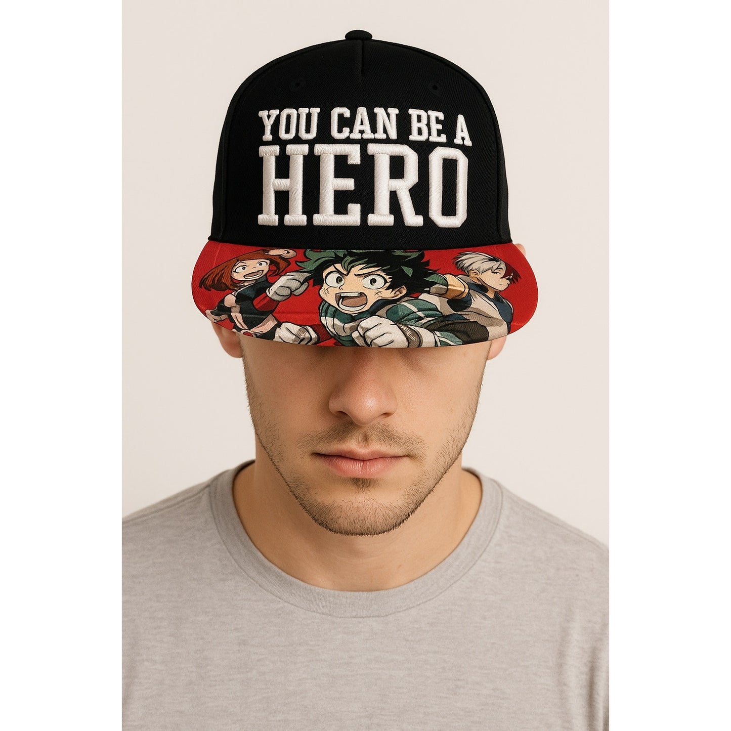 My Hero Academia Snapback Hat “You Can Be a Hero” Anime Cap Black Red Brim