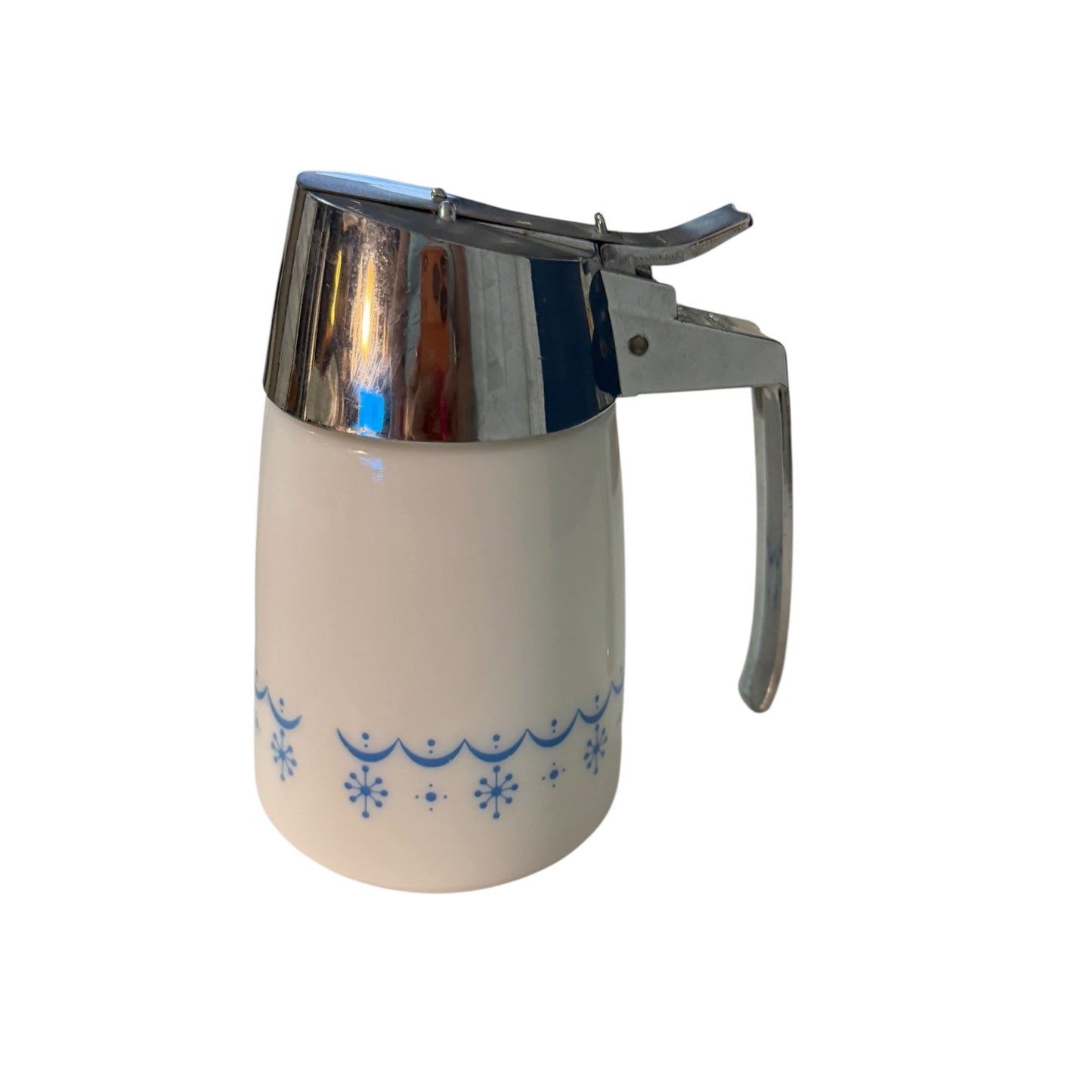 Vintage Hallcraft Mid Century Syrup Dispenser Atomic Blue Snowflake Milk Glass Pitcher