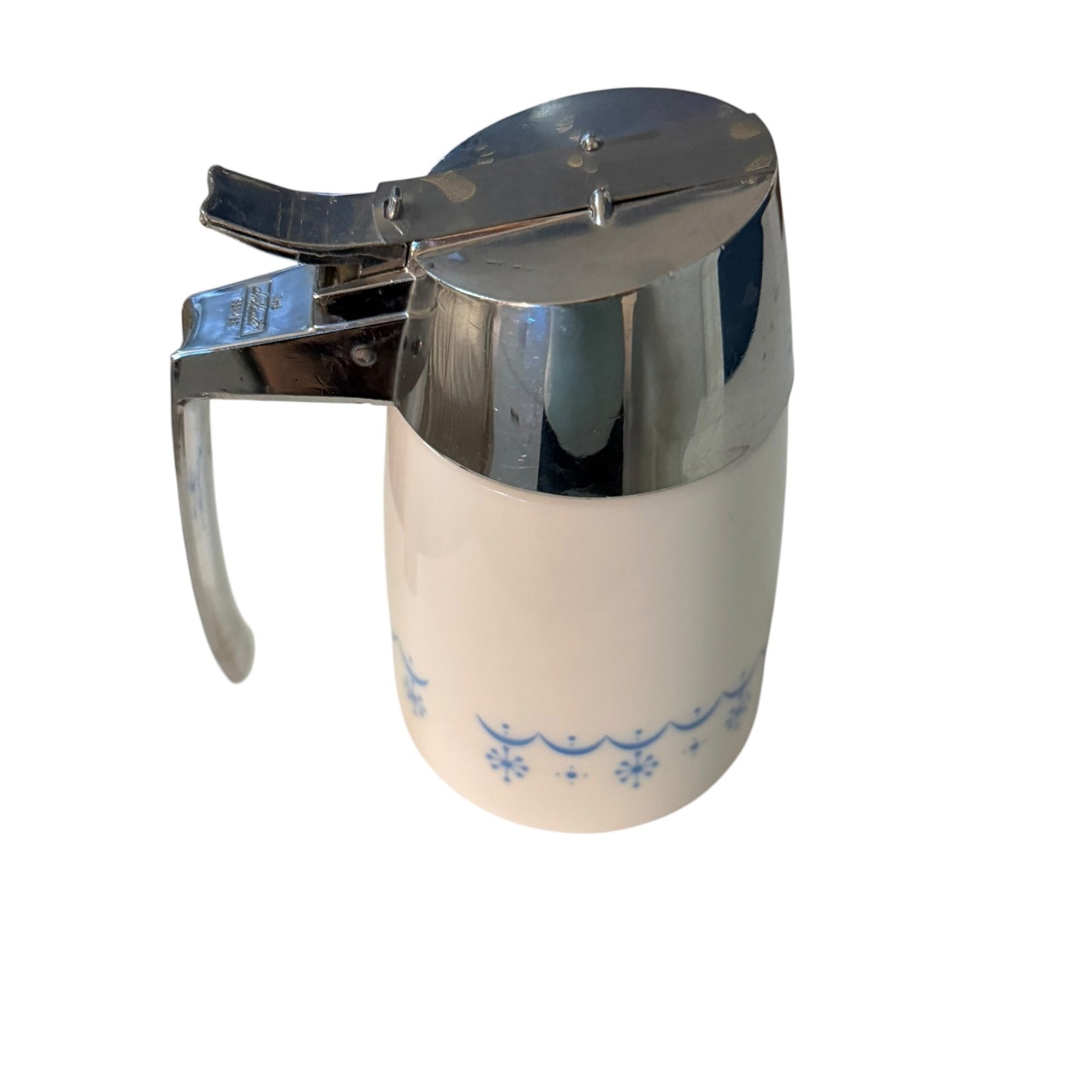 Vintage Hallcraft Mid Century Syrup Dispenser Atomic Blue Snowflake Milk Glass Pitcher