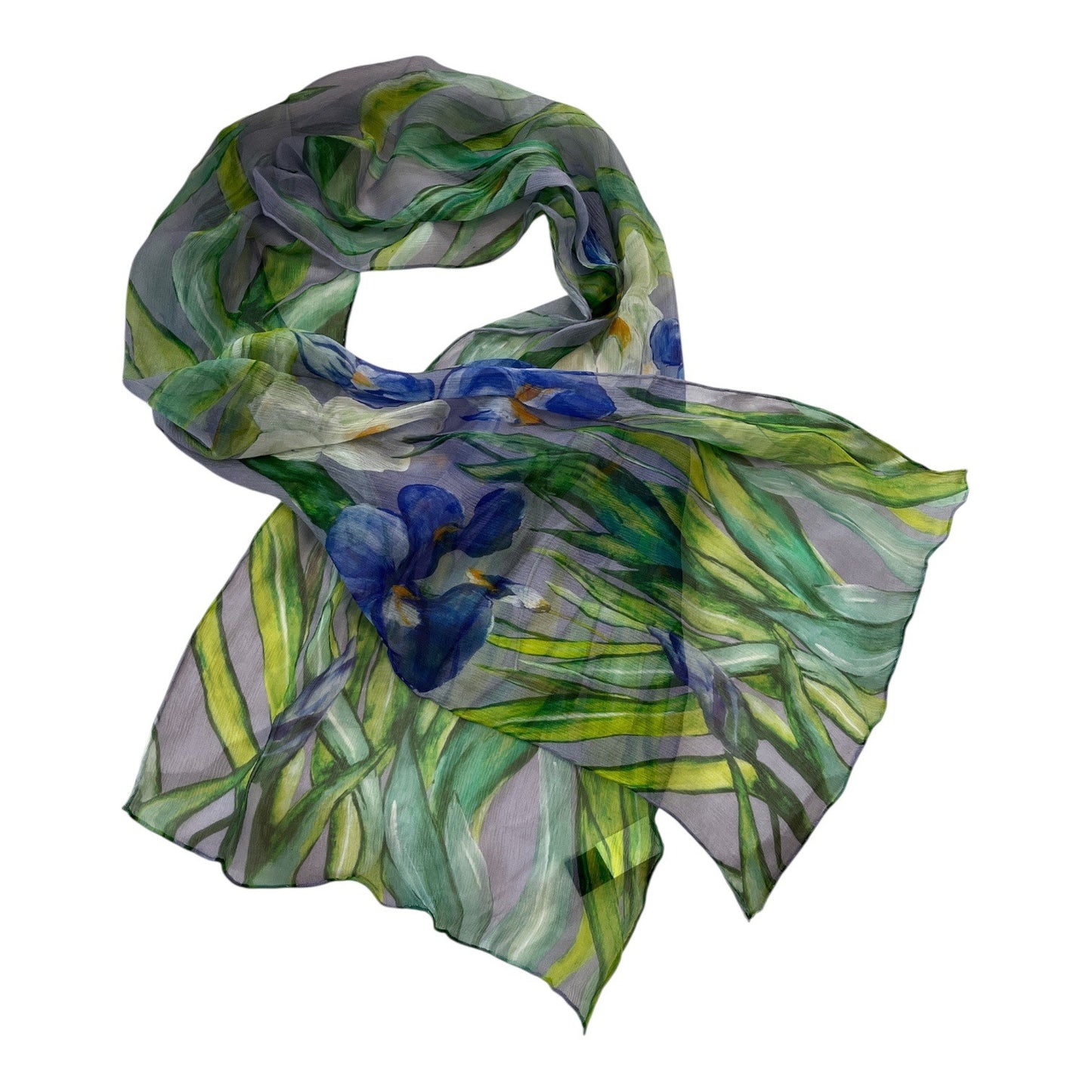 Silk Chiffon Floral Scarf Green Blue Iris Print Lightweight Sheer Wrap