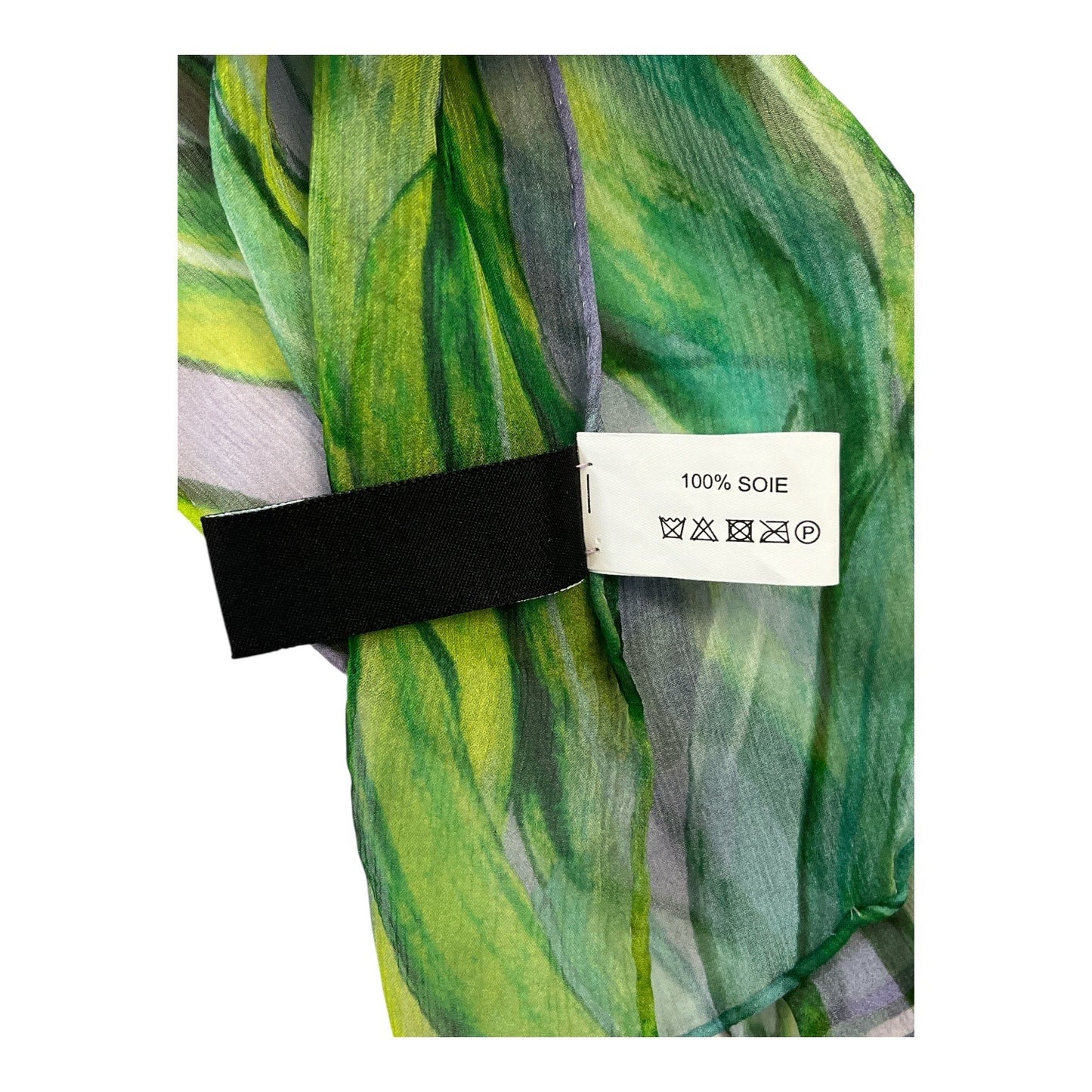 Silk Chiffon Floral Scarf Green Blue Iris Print Lightweight Sheer Wrap