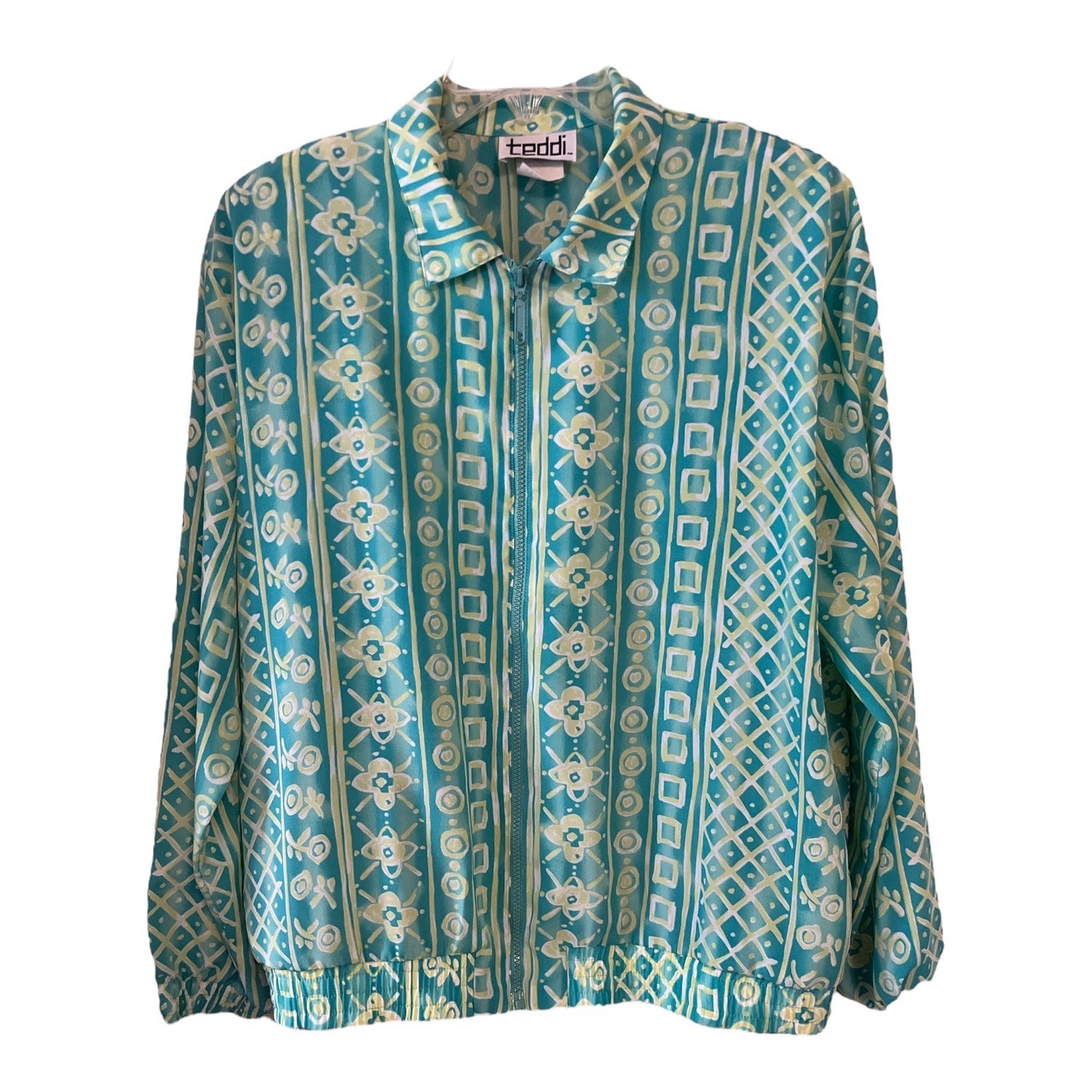 Teddi Plus Size Geometric Print Zip Front Jacket Aqua Blue Retro Windbreaker 2X 3X