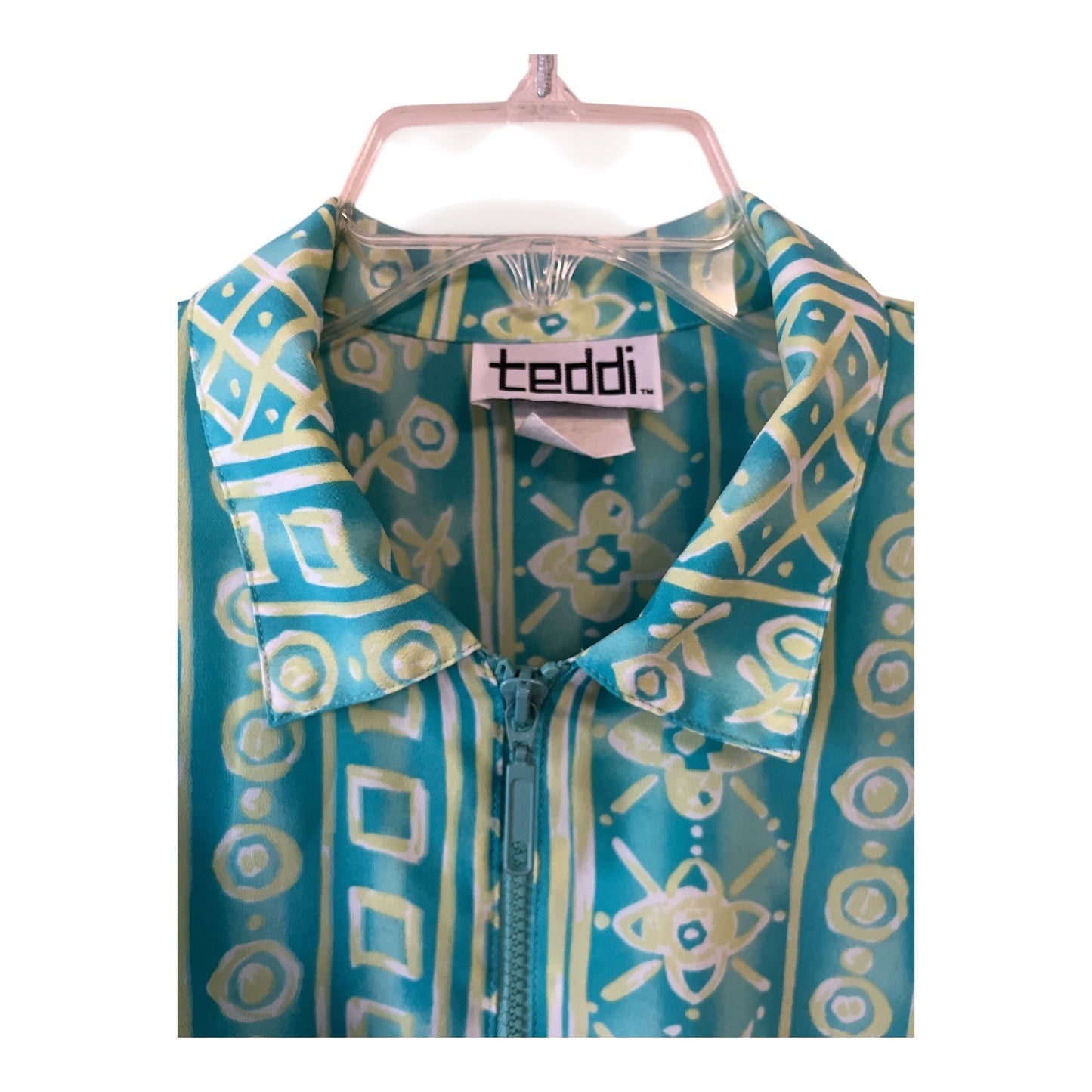 Teddi Plus Size Geometric Print Zip Front Jacket Aqua Blue Retro Windbreaker 2X 3X