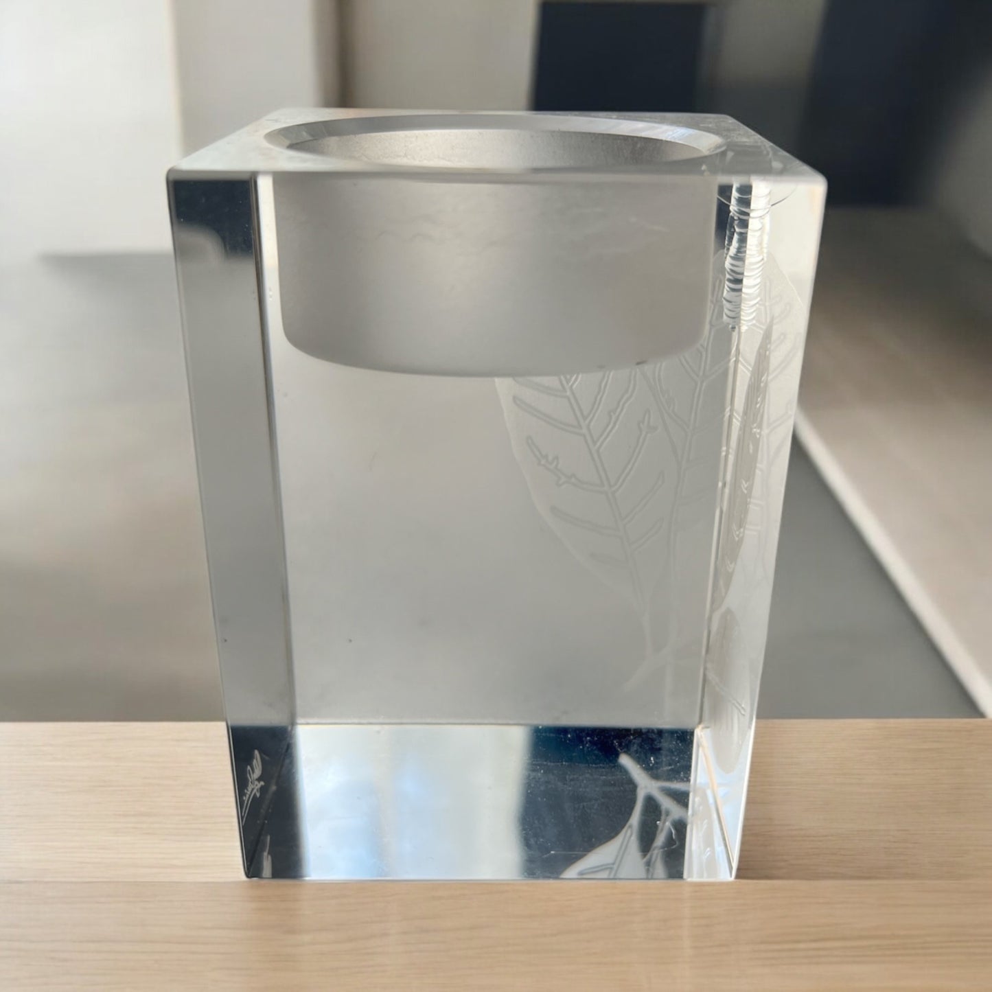 Vtg Oleg Cassini Signed Crystal Votive Candle Holder Leaf Etched Cube Modern Decor