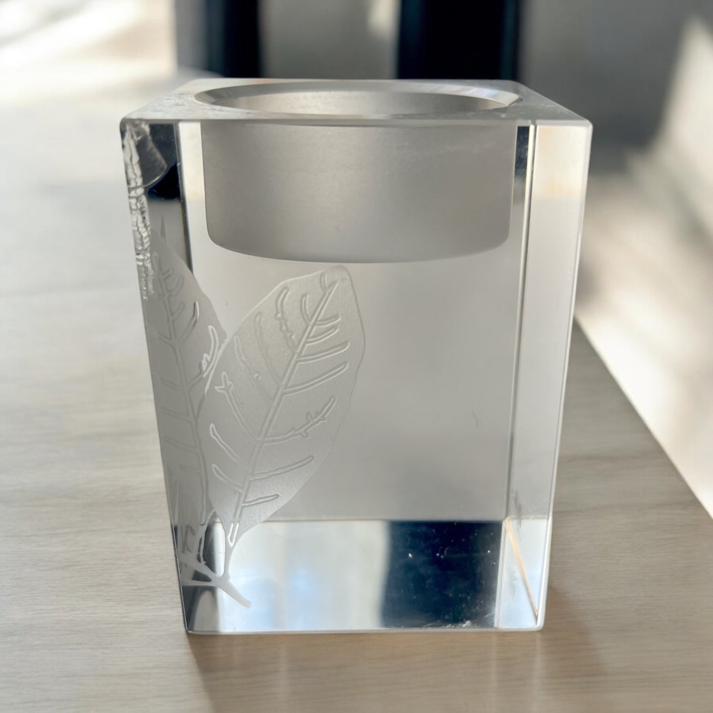 Vtg Oleg Cassini Signed Crystal Votive Candle Holder Leaf Etched Cube Modern Decor