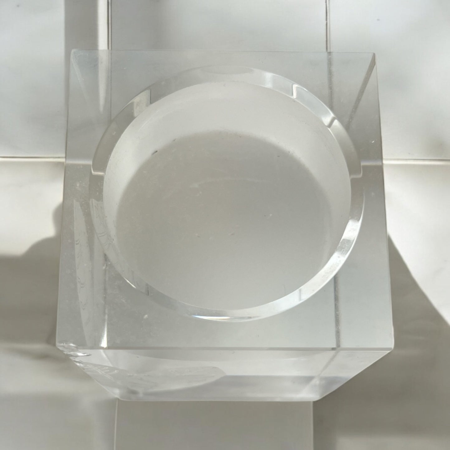 Vtg Oleg Cassini Signed Crystal Votive Candle Holder Leaf Etched Cube Modern Decor