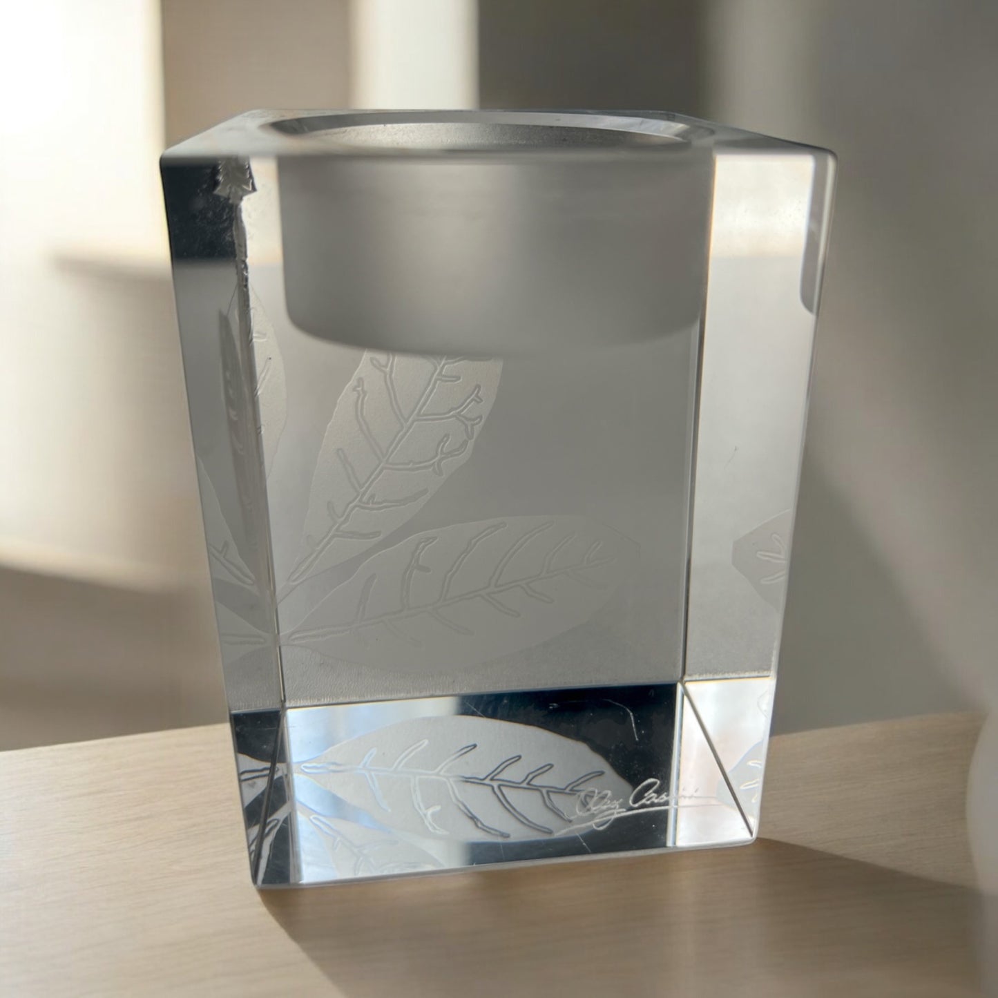 Vtg Oleg Cassini Signed Crystal Votive Candle Holder Leaf Etched Cube Modern Decor
