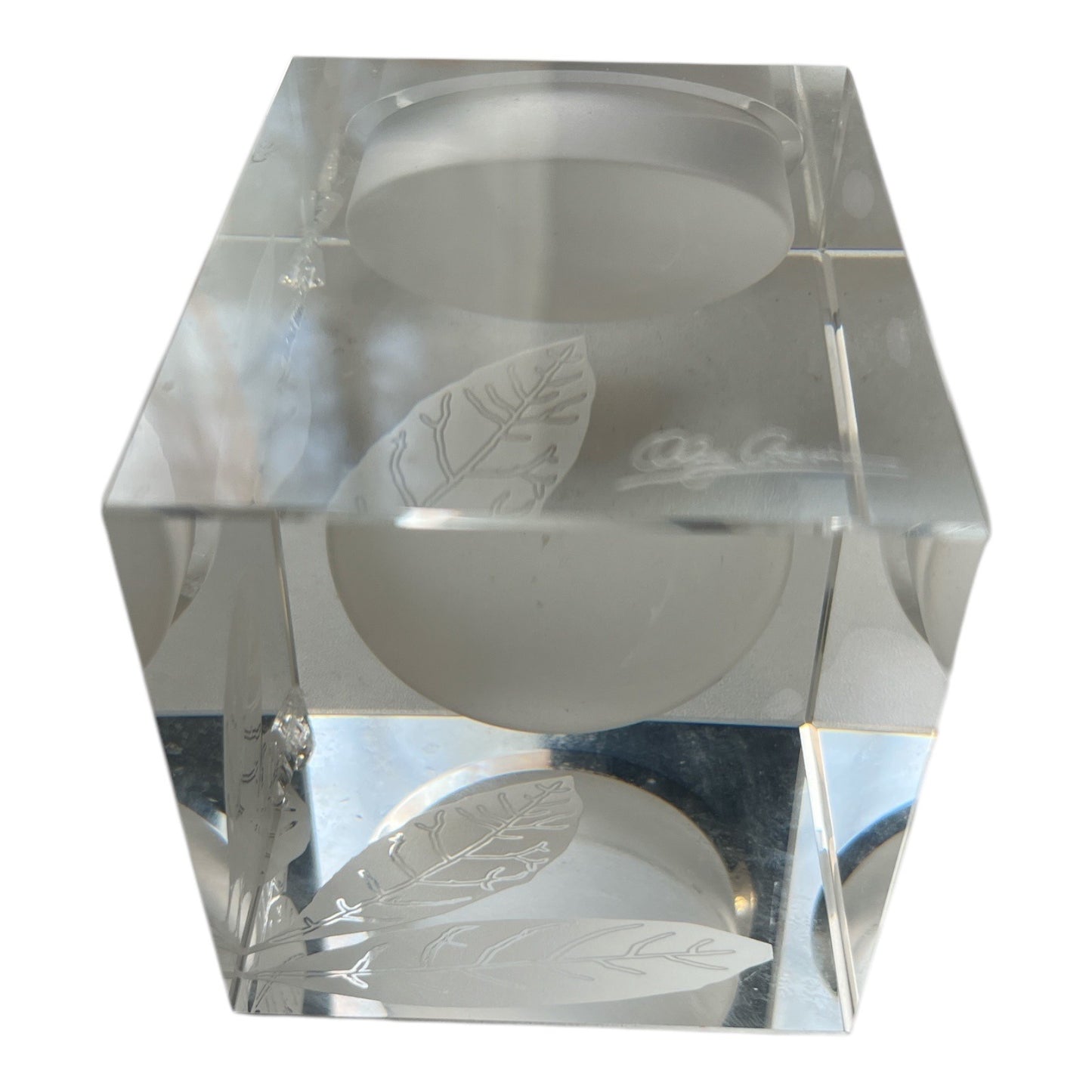 Vtg Oleg Cassini Signed Crystal Votive Candle Holder Leaf Etched Cube Modern Decor